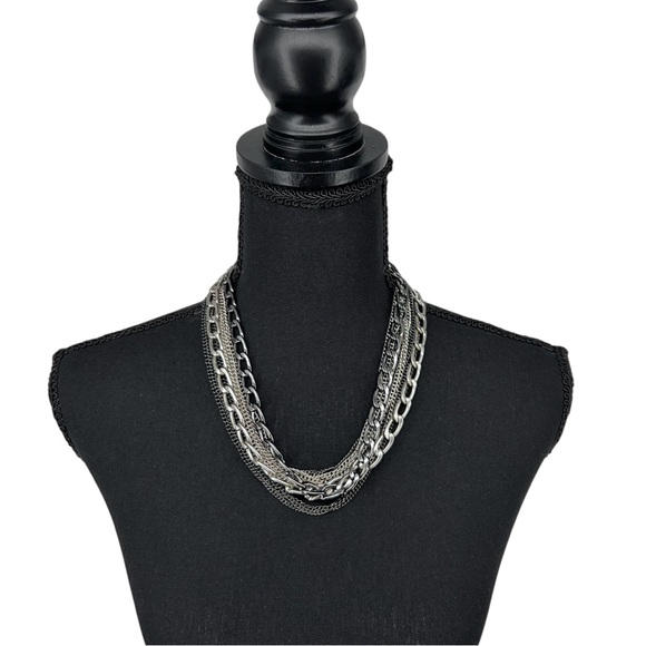 Layered Mixed Metal Chain Necklace Multi Strand Gunmetal Silver Edgy Punk Goth - Picture 14 of 15